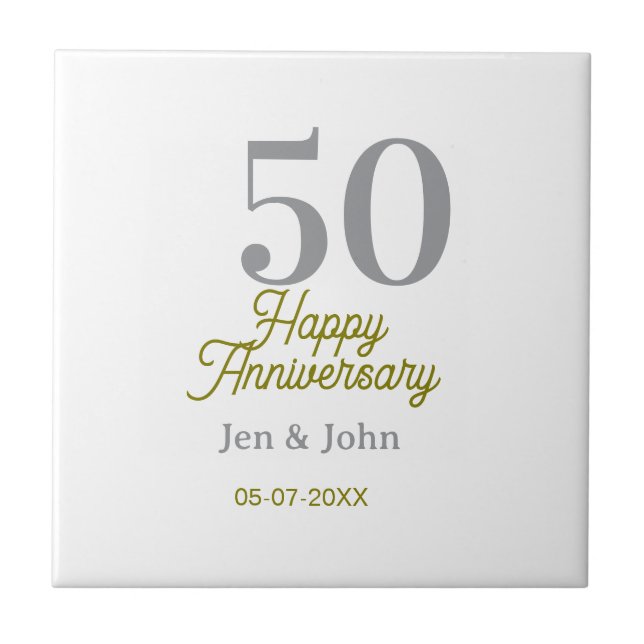 Azulejo De Cerâmica 50th happy anniversary name date silver gold date  (Frente)