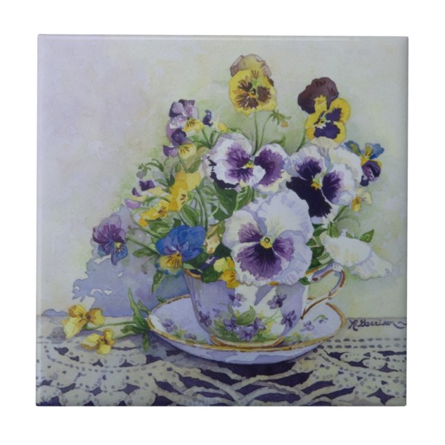 Azulejo De Cerâmica 6300 Pansies no Teacup (Frente)