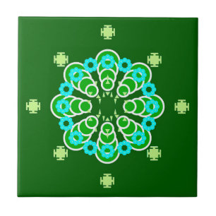 Azulejo De Cerâmica 8 pontos Mandala, Dark Jade Green e Aqua