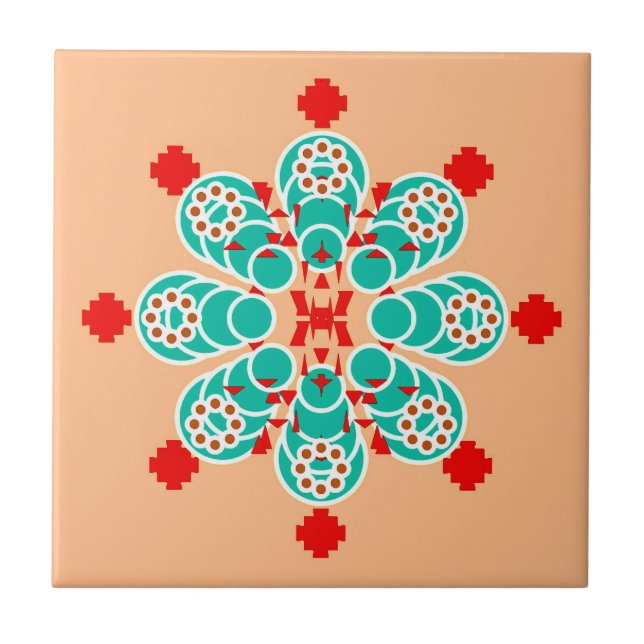 Azulejo De Cerâmica 8 pontos Mandala, Turquesa e Peach (Frente)