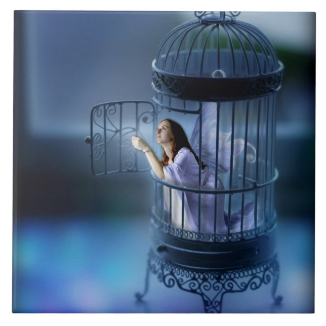 Azulejo De Cerâmica A fada que escapa a dourou a gaiola (Frente)