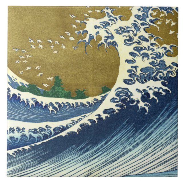 Azulejo De Cerâmica A Grande Onda (Arte Japonesa Azul e Dourada, Hokus (Frente)