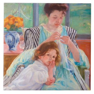 Azulejo De Cerâmica A jovem mãe costurando, Mary Cassatt