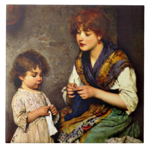 Azulejo De Cerâmica A Lição de Tricô, pintura de arte fina