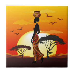 Azulejo De Cerâmica A linda mulher africana Silhouette sobre os sóis a