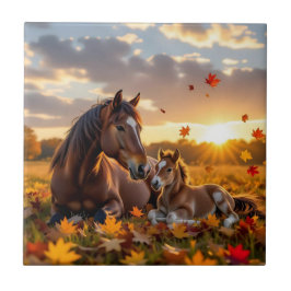 Azulejo De Cerâmica A Mama Horse and her Foal in Autumn