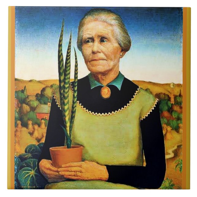 Azulejo De Cerâmica A Mulher com Plantas por Grant Wood (Frente)