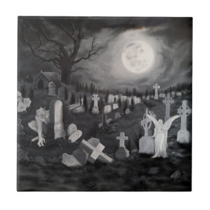 Azulejo De Cerâmica À noite no cemitério - Anjo com o Diabo