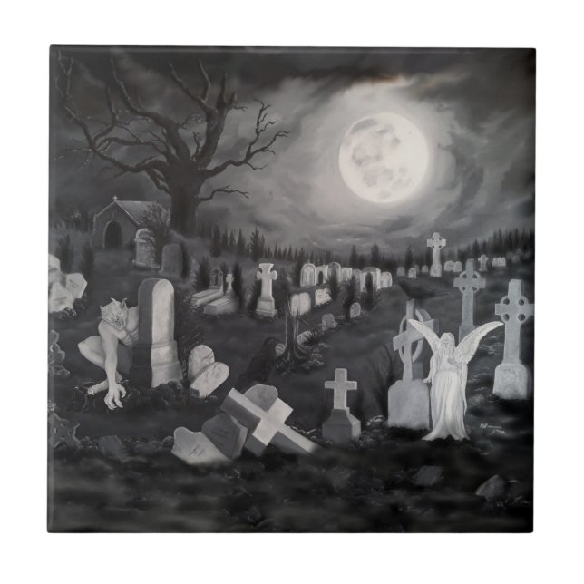 Azulejo De Cerâmica À noite no cemitério - Anjo com o Diabo (Frente)