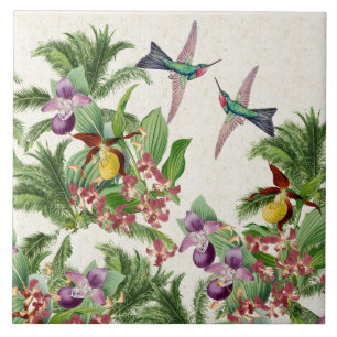 Azulejo De Cerâmica A orquídea dos pássaros do colibri floresce o