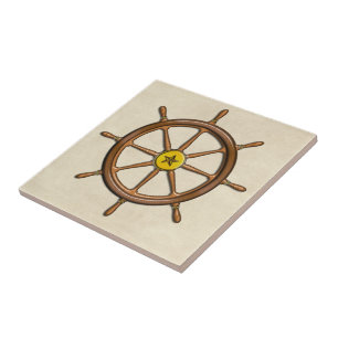 Azulejo De Cerâmica A roda do navio náutico de madeira
