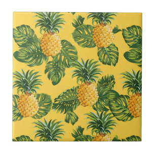 Azulejo De Cerâmica Abacaxis e Folhas Tropicais Em Dourado