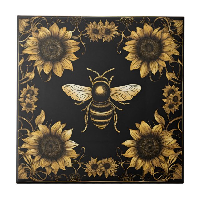 Azulejo De Cerâmica Abelha Bumble Bee Dourada e Girassóis (Frente)