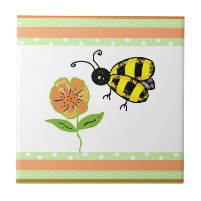 Azulejo De Cerâmica Abelha Ocupada com Flor Laranja (Frente)