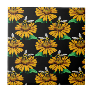 Azulejo De Cerâmica Abelha sobre Flor de Girassol Design Preto