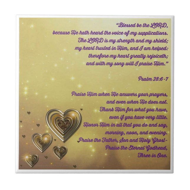 Azulejo De Cerâmica Abençoado seja o Senhor Salmo 28:6-7 (Frente)