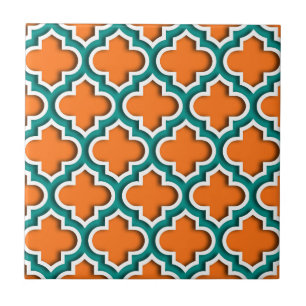 Azulejo De Cerâmica Abóbora, cerceta, marroquino branco Quatrefoil