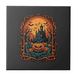 Azulejo De Cerâmica Abóbora de Halloween Casa Assombrada Lua Cheia Mor
