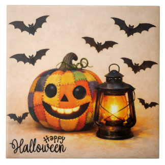 Azulejo De Cerâmica Abóbora de Halloween em Patchwork com Lanterna