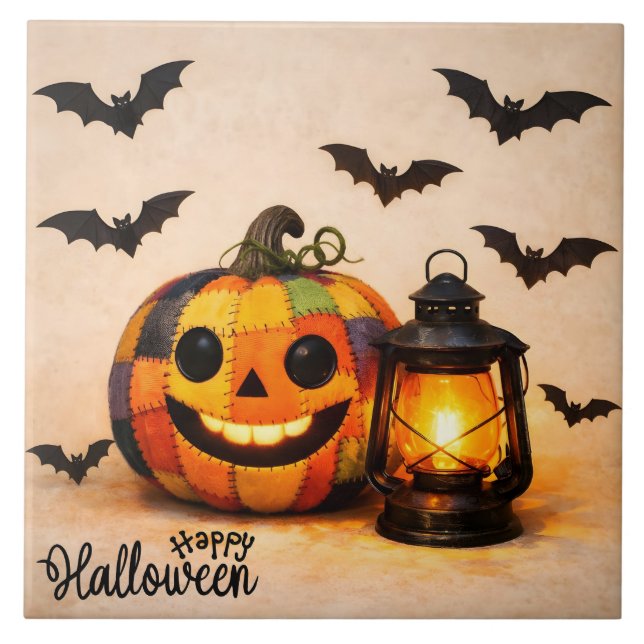 Azulejo De Cerâmica Abóbora de Halloween em Patchwork com Lanterna (Frente)
