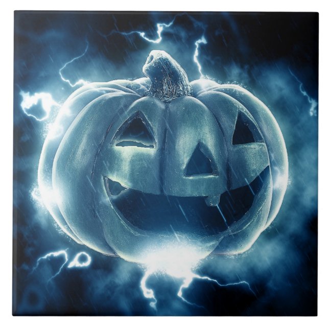 Azulejo De Cerâmica abóbora de Halloween na chuva (Frente)