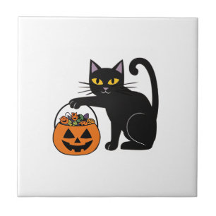 Azulejo De Cerâmica Abóbora do Jack O' Lantern do Gato Preto do Hallow