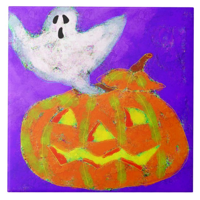 Azulejo De Cerâmica Abóbora e Fantasma Arte Abstrata de Halloween (Frente)