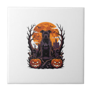 Azulejo De Cerâmica Abóbora Trono Pitbull Preto Halloween Lua Cheia_