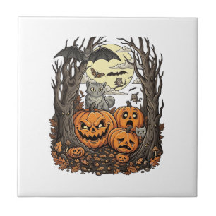 Azulejo De Cerâmica Abóboras de Halloween Gato Cinza Morcego Lua Cheia