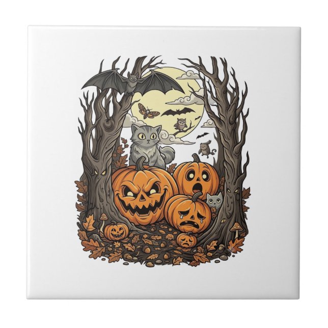 Azulejo De Cerâmica Abóboras de Halloween Gato Cinza Morcego Lua Cheia (Frente)