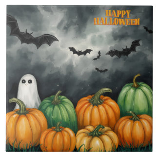 Azulejo De Cerâmica Abóboras e Fantasmas de Halloween em Aquarela
