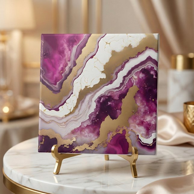 Azulejo De Cerâmica Abstract Purple White & Gold Agate Geode Marble (Criador carregado)