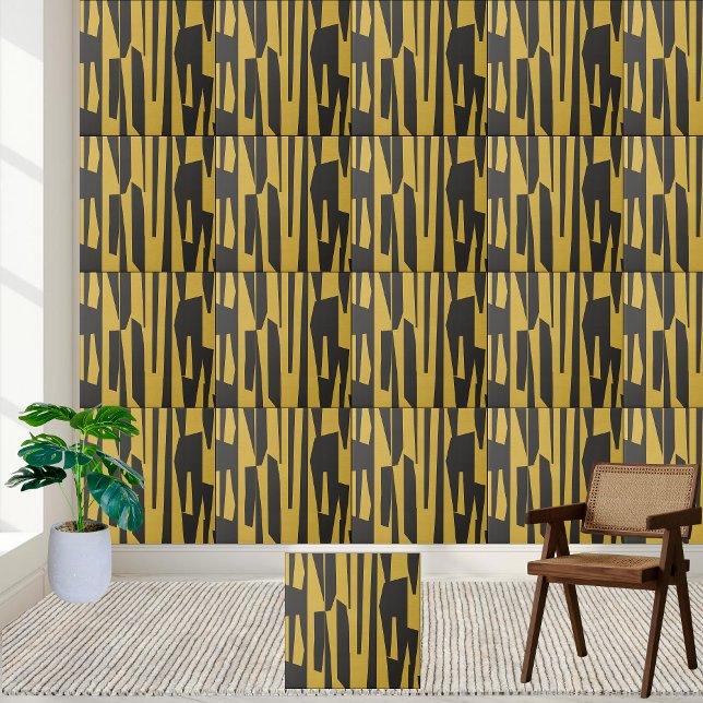 Azulejo De Cerâmica Abstrato amarelo moderno e geométrico (Modern Abstract Yellow and Black Geometric Ceramic Tile)