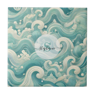 Azulejo De Cerâmica Abstrato Aqua Blue & White Wave - Arte Fluida Mode