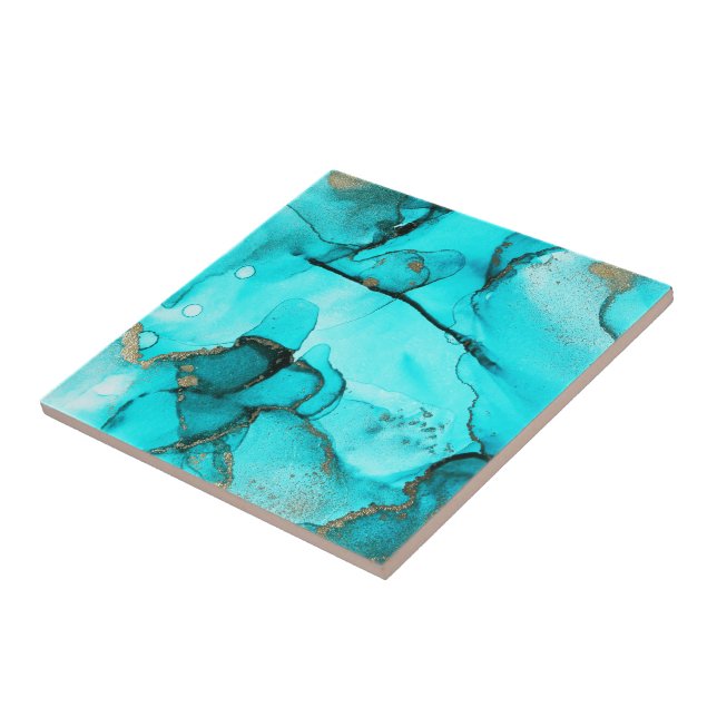 Azulejo De Cerâmica Abstrato Aqua Turquesa Orgânica Verde Dourada (Lateral)