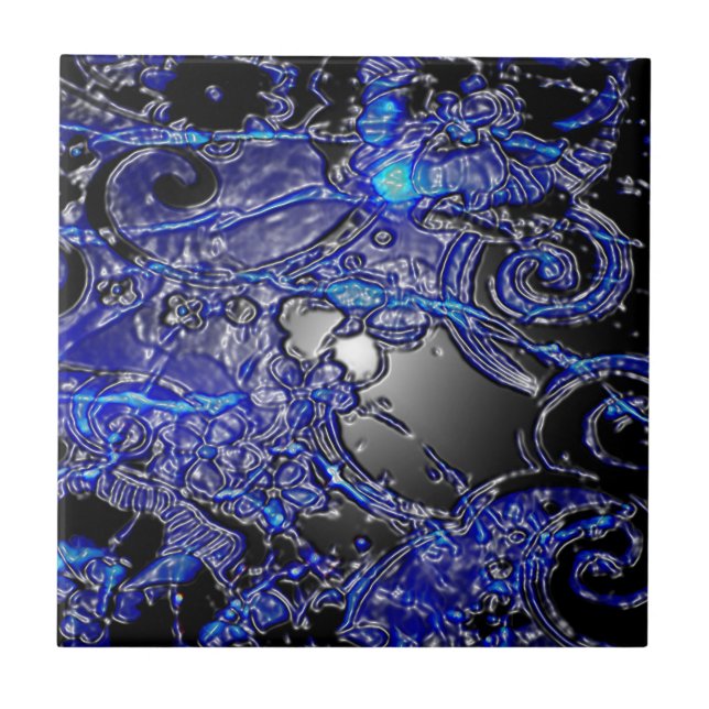 Azulejo De Cerâmica Abstrato azul de prata do redemoinho (Frente)