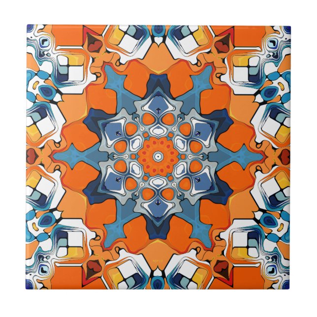 Azulejo De Cerâmica Abstrato Azul E Laranja (Frente)