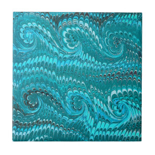 Azulejo De Cerâmica Abstrato Azul-Teal Moderno, Cabeleiras Marmoreadas