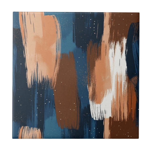 Azulejo De Cerâmica Abstrato Brushstrokes em Azul, Branco e Marrom (Frente)