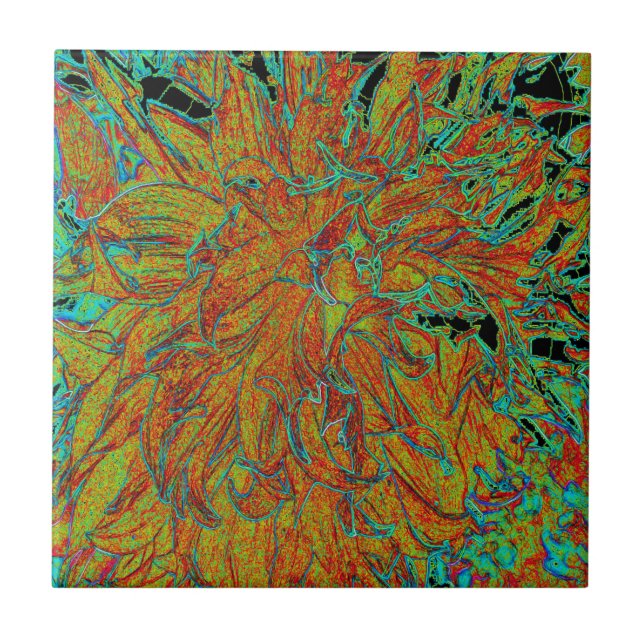 Azulejo De Cerâmica Abstrato Burnt Orange and Green Dahlia Bloom (Frente)