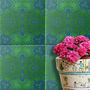 Azulejo De Cerâmica Abstrato Damask Emerald Green - Padrão azul verde