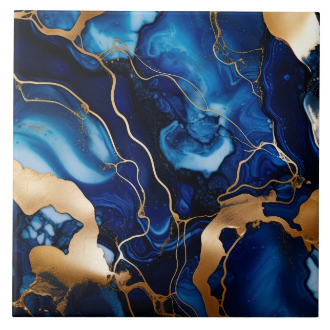 Azulejo De Cerâmica Abstrato de Álcool Marble Dourado Azul marinho (Frente)