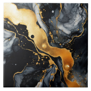 Azulejo De Cerâmica Abstrato de Álcool Marble Dourado Preto