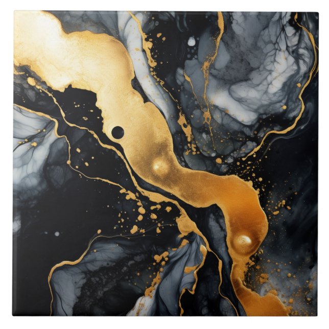 Azulejo De Cerâmica Abstrato de Álcool Marble Dourado Preto (Frente)