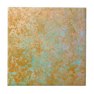 Azulejo De Cerâmica Abstrato de Álcool Patina Azul Dourada e Turquesa