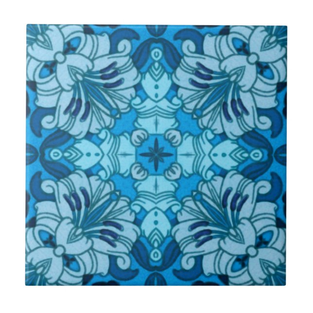 Azulejo De Cerâmica Abstrato de Aquarela Azul Denim Floral (Frente)