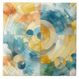 Azulejo De Cerâmica Abstrato de Aquarela Geométrica Azul e Amarelo