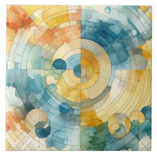 Azulejo De Cerâmica Abstrato de Aquarela Geométrica Azul e Amarelo