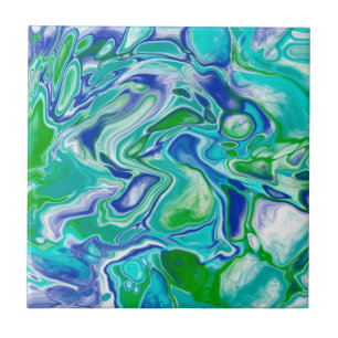 Azulejo De Cerâmica Abstrato de Arte Fluida Marble Azul e Verde
