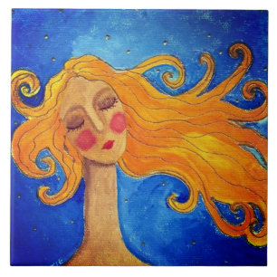 Azulejo De Cerâmica Abstrato de cabelo ouro Retrato de uma Mulher